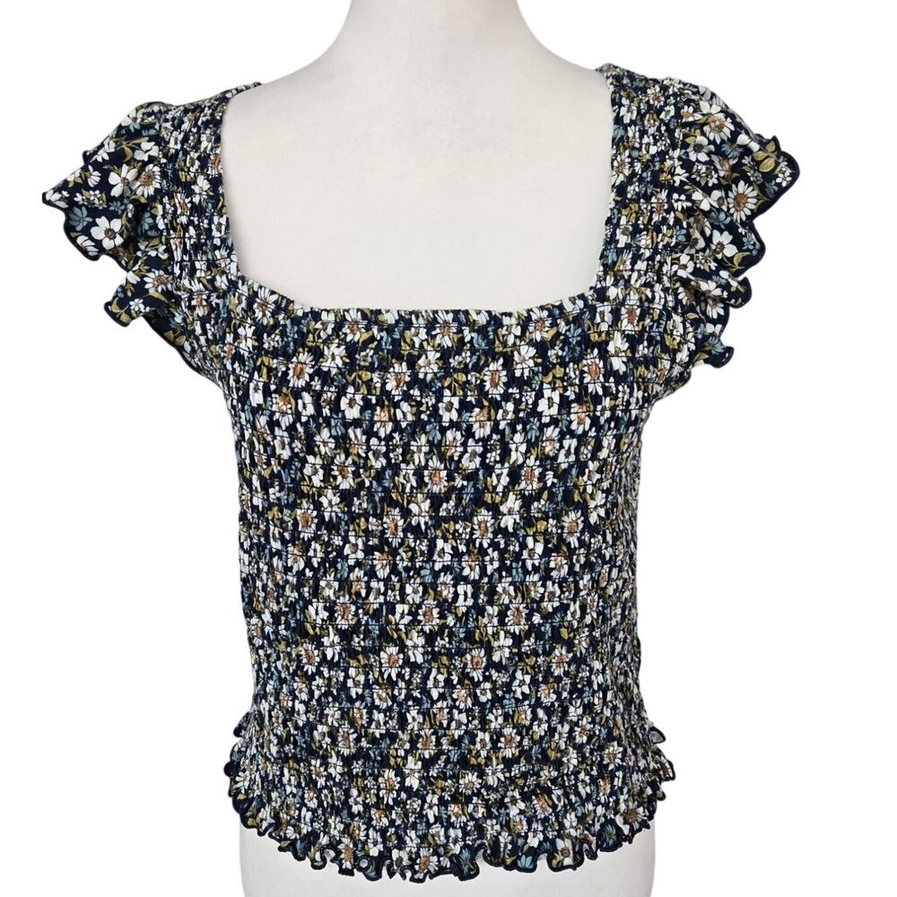 Old Navy Cottage Smocked Floral Navy Blue Flutter Sleeve Top Sz L